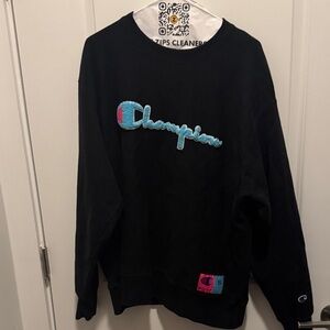 Champion Black Crewneck with Blue and Pink Logo